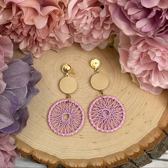 Boho Wood Woven Pink Dream Catcher Earrings - Picture 11 of 14